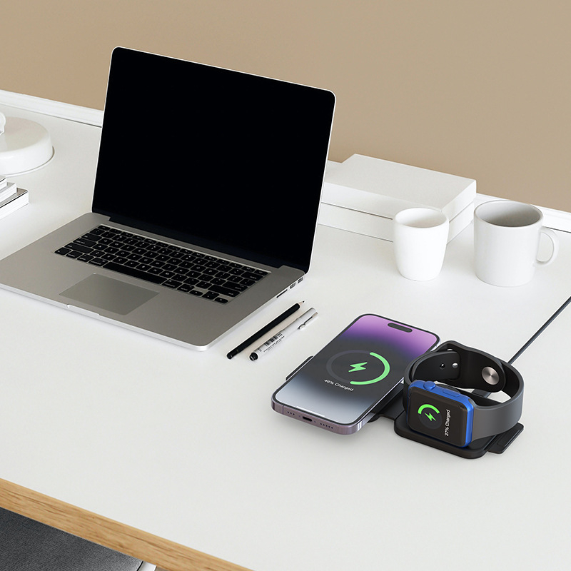 MagSafe 2-in-1 sulankstomas belaidis greito įkroviklis Apple ir Huawei laikrodžiams; Qi sertifikuotas, 15W maksimali galia, magnetinė įkrova, QC3.0