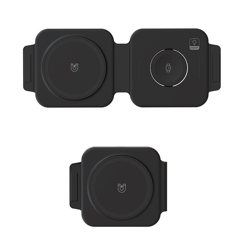 MagSafe 2-in-1 sulankstomas belaidis greito įkroviklis Apple ir Huawei laikrodžiams; Qi sertifikuotas, 15W maksimali galia, magnetinė įkrova, QC3.0