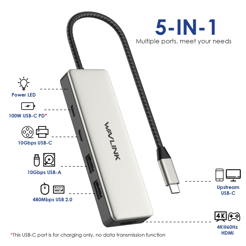 4-prievodų USB-C hub`as su 4K@60Hz vaizdu, 85W įkrovimas, USB 3.1 10Gbps — modelis UHP3415