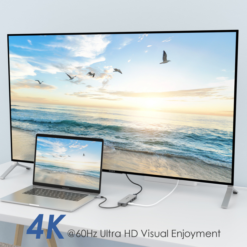 4-prievodų USB-C hub`as su 4K@60Hz vaizdu, 85W įkrovimas, USB 3.1 10Gbps — modelis UHP3415