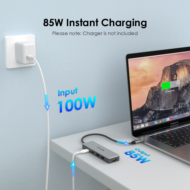 4-prievodų USB-C hub`as su 4K@60Hz vaizdu, 85W įkrovimas, USB 3.1 10Gbps — modelis UHP3415