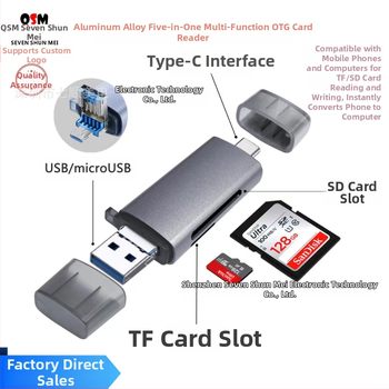Penki iš vieno OTG skaitytuvas kortelėms, aliuminio lydinys, SD/TF palaikymas, USB 2.0 Type-C/Mikro, 15 g