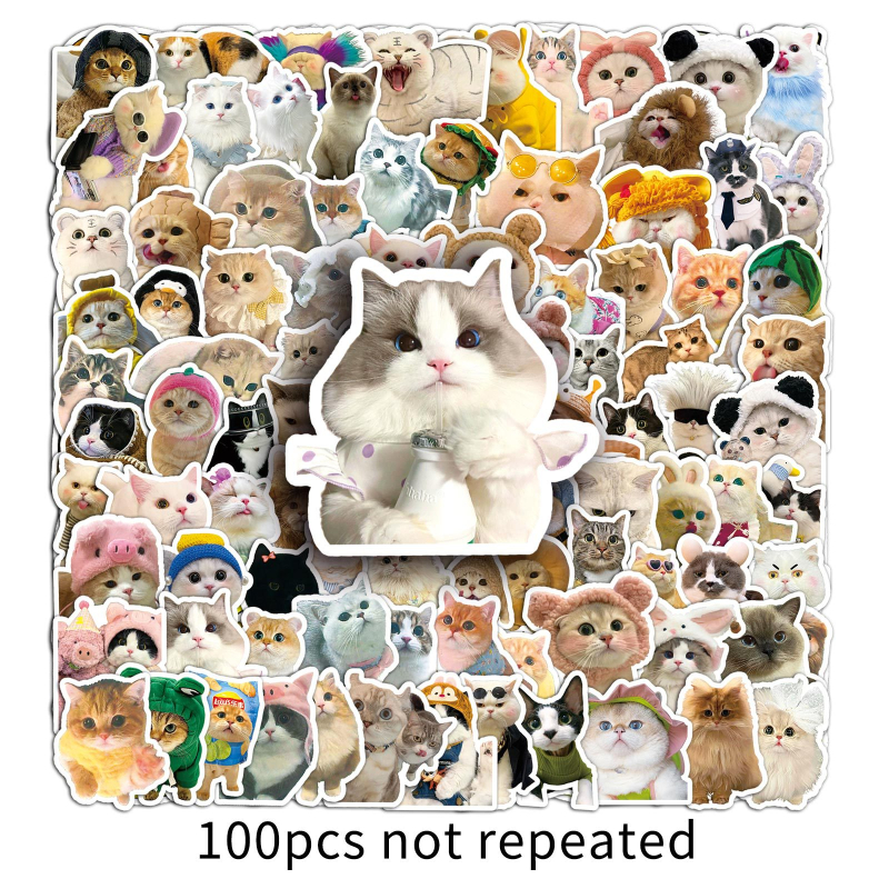 Set de autocolante cu expresii de pisică: 100 autocolante rotunde, rezistente la apă, cu expresii drăguțe pentru telefoane și calculatoare