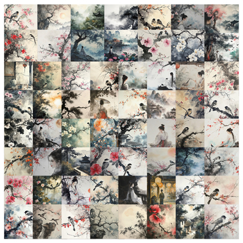 Σετ αυτοκόλλητων 62 τεμάχια: τοπία και φιγούρες σε στιλ μελάνης, αντίκα εικονογράφηση, PVC υλικό, αυτοκόλλητα με εκτύπωση, λογότυπο εκτυπωμένο, μάρκα Su Ye