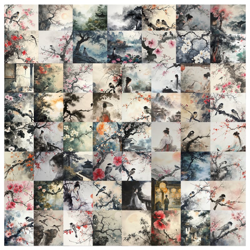 Σετ αυτοκόλλητων 62 τεμάχια: τοπία και φιγούρες σε στιλ μελάνης, αντίκα εικονογράφηση, PVC υλικό, αυτοκόλλητα με εκτύπωση, λογότυπο εκτυπωμένο, μάρκα Su Ye