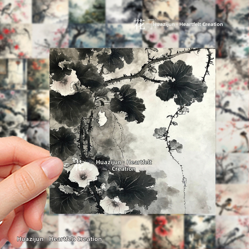 Стикер комплект 62 броя: пейзажи и фигури в стил туш, антикварни илюстрации, PVC материал, карикатурен стил, печат, Бранд Su Ye