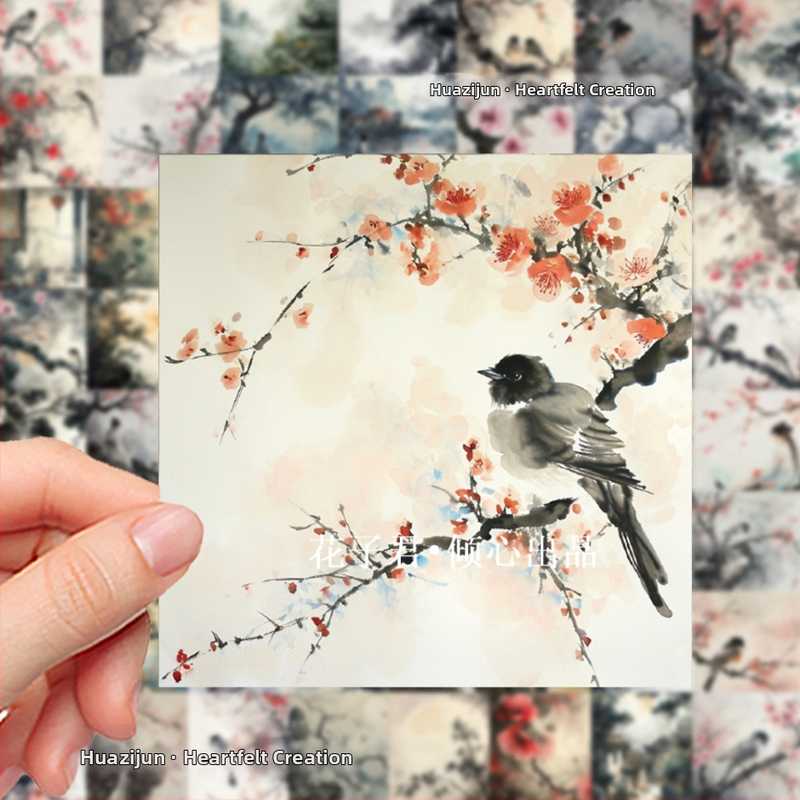 Стикер комплект 62 броя: пейзажи и фигури в стил туш, антикварни илюстрации, PVC материал, карикатурен стил, печат, Бранд Su Ye