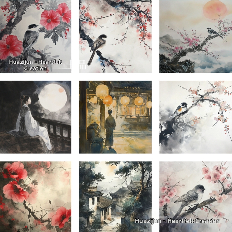 Стикер комплект 62 броя: пейзажи и фигури в стил туш, антикварни илюстрации, PVC материал, карикатурен стил, печат, Бранд Su Ye