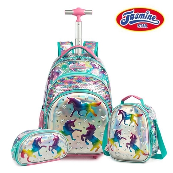 Trys dalių riedamų kuprinės komplektas su vienaragiu pradinių klasių mergaitėms – EVA medžiaga, kvėpuojanti, naštos mažinimas, gyvūnų raštas