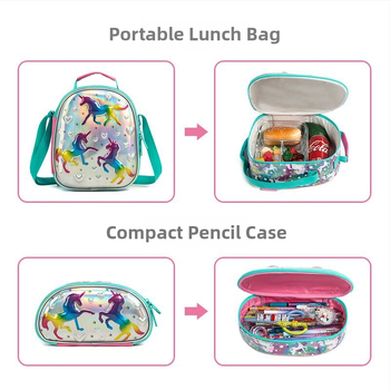 Trys dalių riedamų kuprinės komplektas su vienaragiu pradinių klasių mergaitėms – EVA medžiaga, kvėpuojanti, naštos mažinimas, gyvūnų raštas