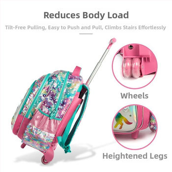 Trys dalių riedamų kuprinės komplektas su vienaragiu pradinių klasių mergaitėms – EVA medžiaga, kvėpuojanti, naštos mažinimas, gyvūnų raštas