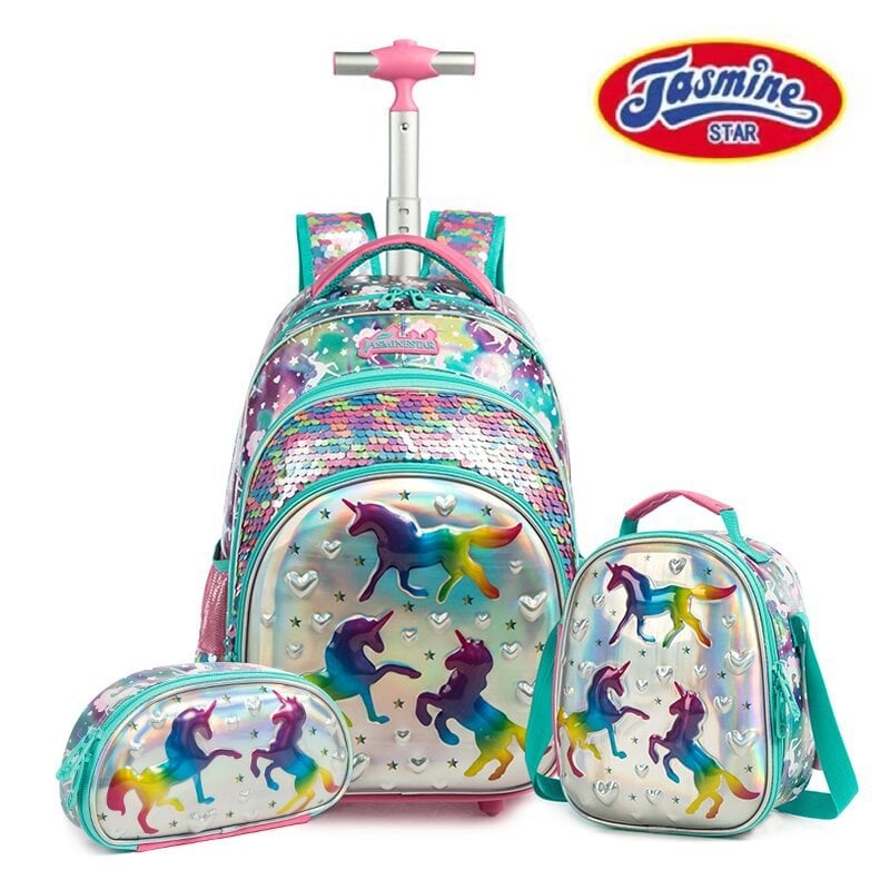 Trys dalių riedamų kuprinės komplektas su vienaragiu pradinių klasių mergaitėms – EVA medžiaga, kvėpuojanti, naštos mažinimas, gyvūnų raštas