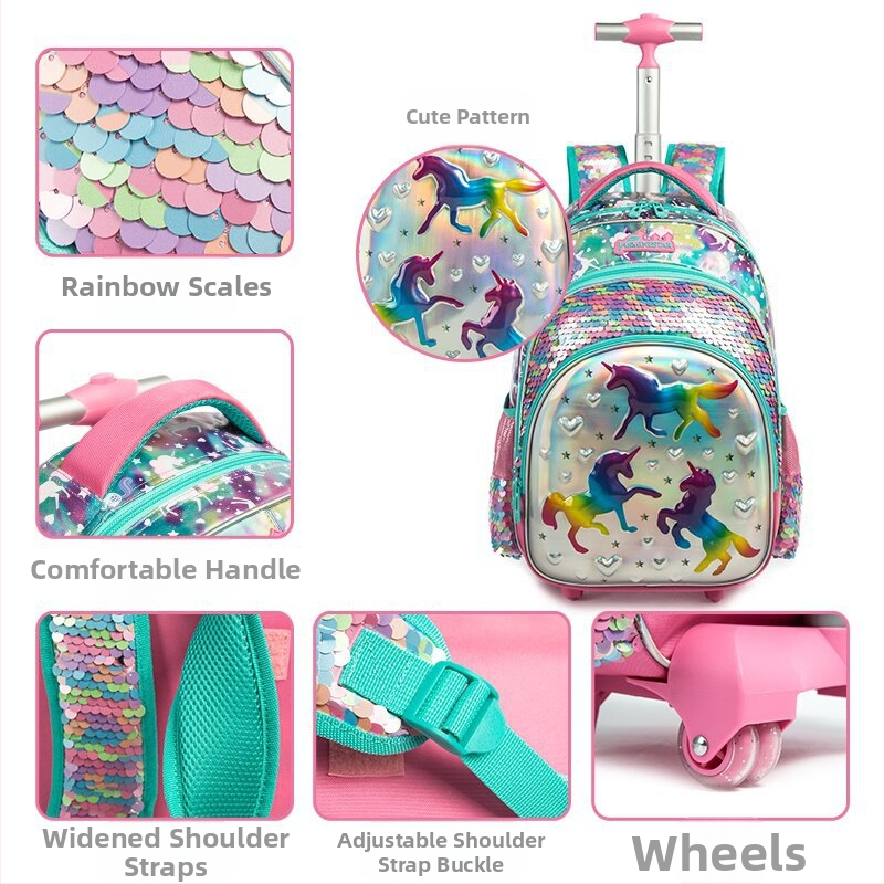 Тричастен комплект раница с колела с еднорог за ученички от началното училище – EVA материал, дишаща, облекчаваща натоварването, еднопосочни колела, животински принт