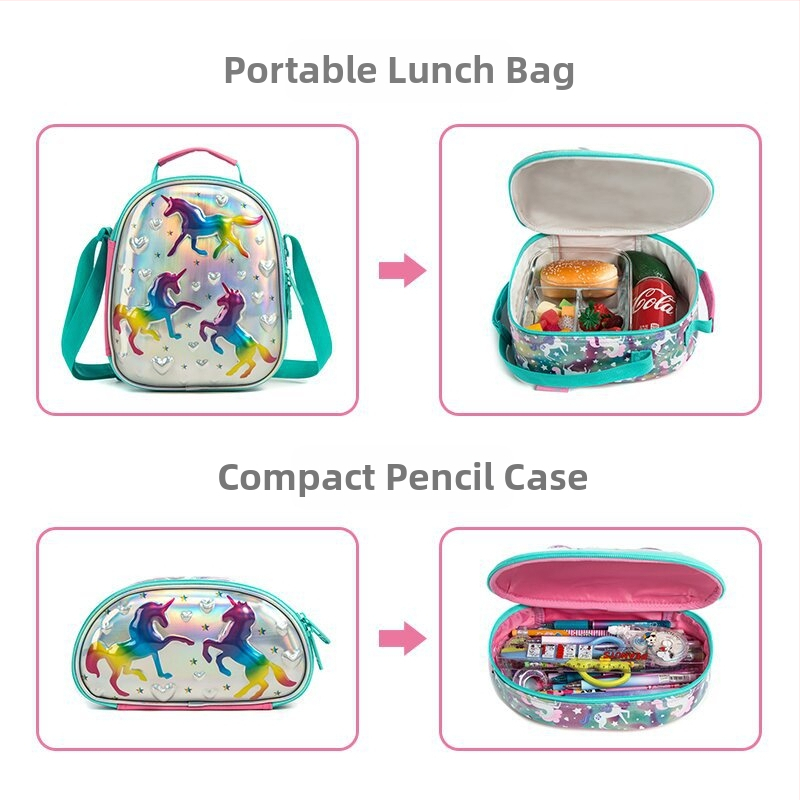 Тричастен комплект раница с колела с еднорог за ученички от началното училище – EVA материал, дишаща, облекчаваща натоварването, еднопосочни колела, животински принт