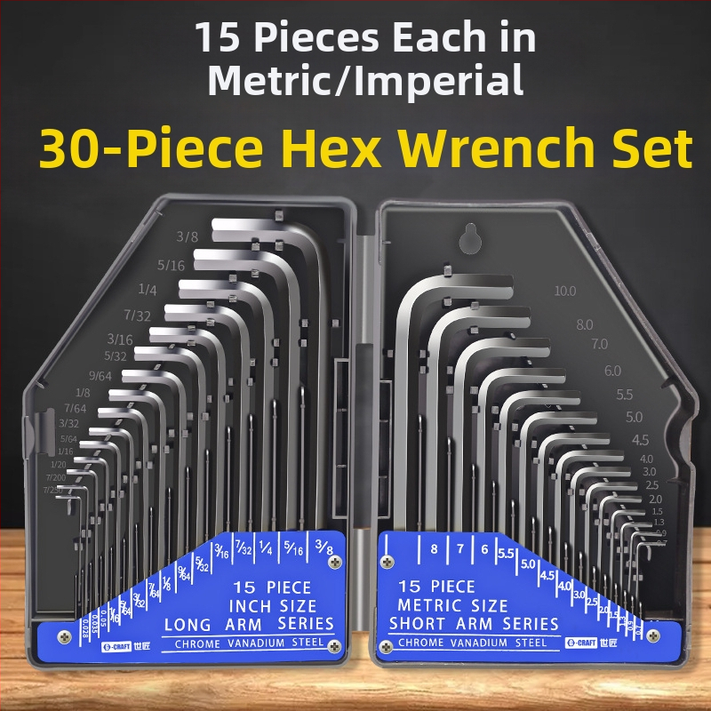 Комплект удължени шестограмен ключове World Craftsman от хром-ванадий стомана, чернооксидирано покритие, 30 броя, метрически и инчови размери