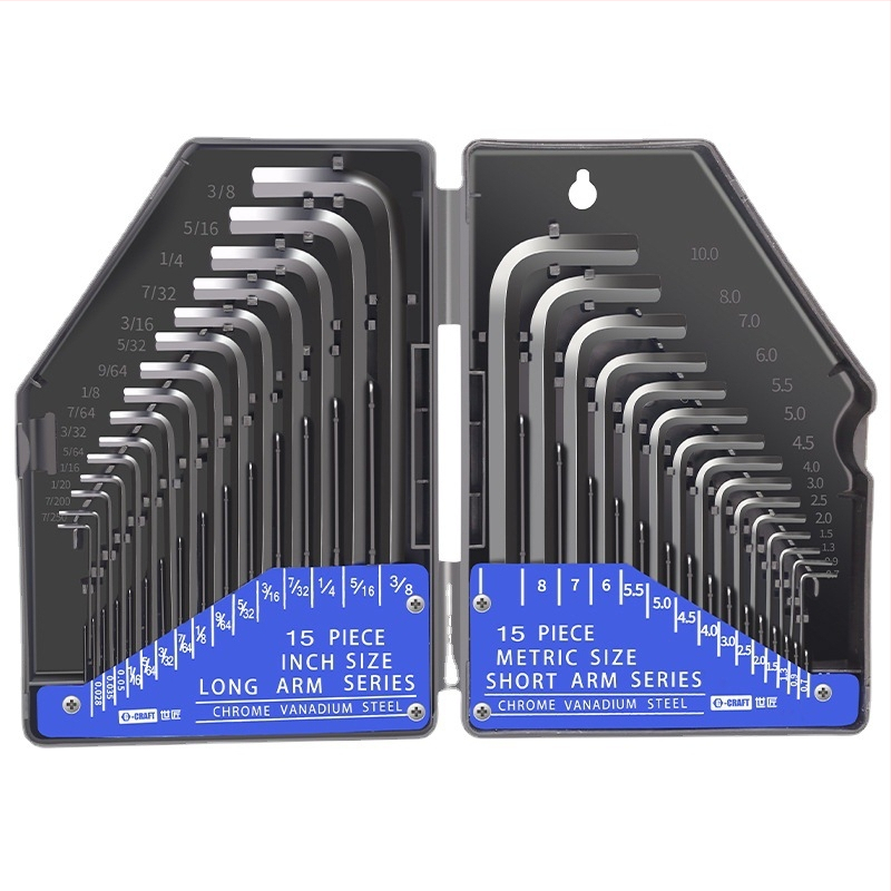 Комплект удължени шестограмен ключове World Craftsman от хром-ванадий стомана, чернооксидирано покритие, 30 броя, метрически и инчови размери
