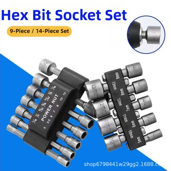 Set šestougaonih glava za bušilicu i odvijač, krom-vanadij čelik, premazana površina, tip: ključ s glavom