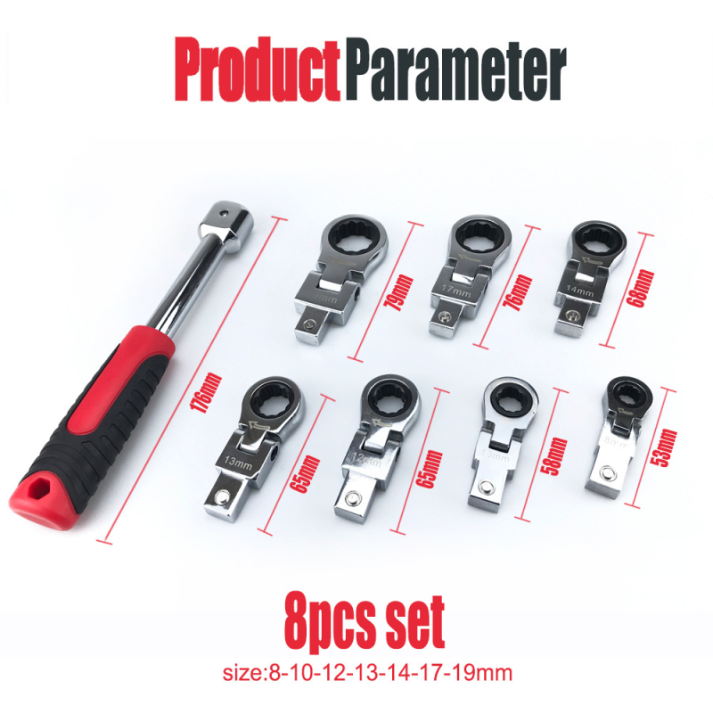 Σετ εργαλείων 8 τεμαχίων: ρατσέτ κλειδί με αποσπώμενη κεφαλή και 180° ευέλικτη κεφαλή, από χρωμιοβανadiου ατσάλι, για οικιακή χρήση και επισκευές μηχανημάτων