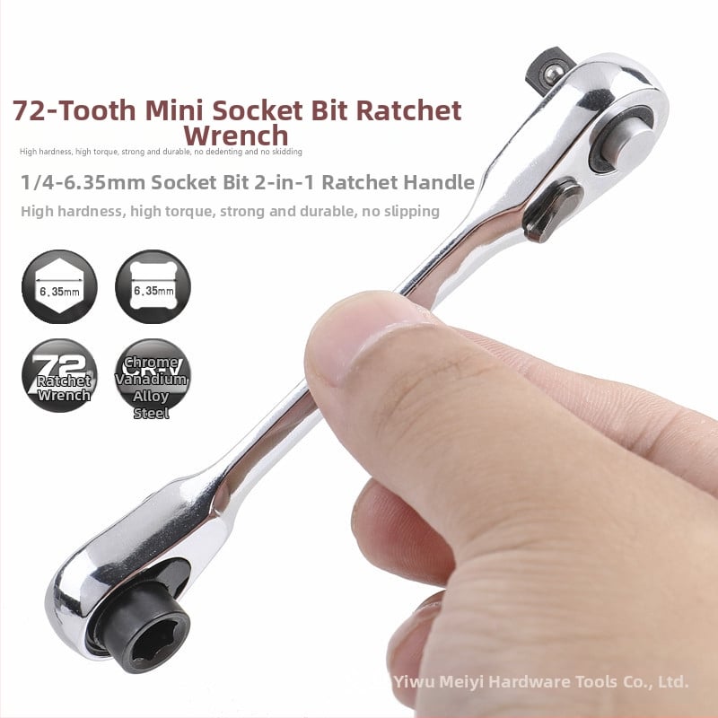 Mini veržlė su 1/4 colio kvadratine pavara, dvipusė, kvadratinė galva, chromo-vanadžio plienas, poliruota chromo danga