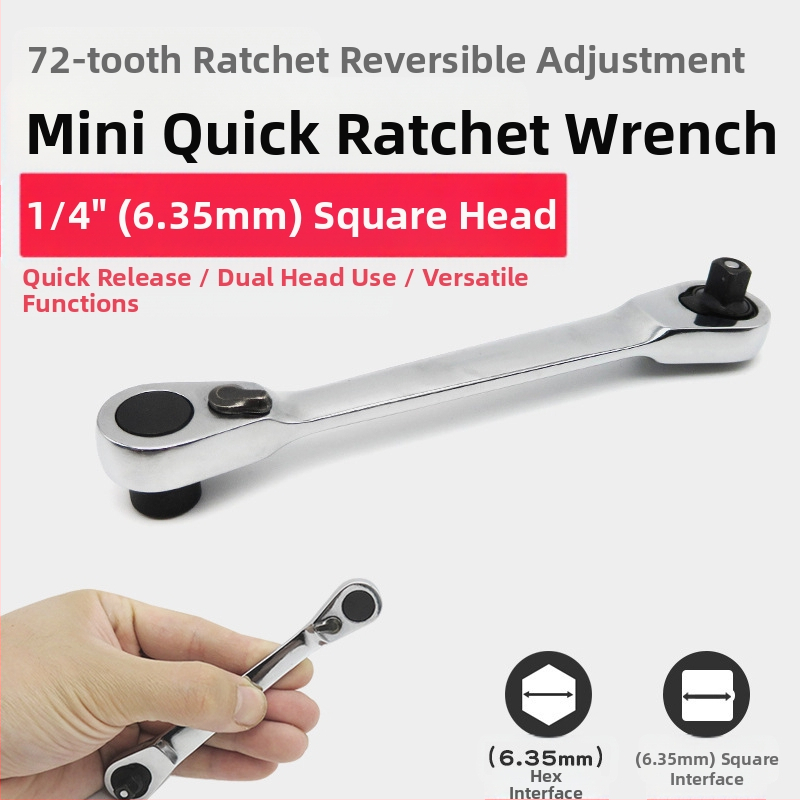 Mini veržlė su 1/4 colio kvadratine pavara, dvipusė, kvadratinė galva, chromo-vanadžio plienas, poliruota chromo danga