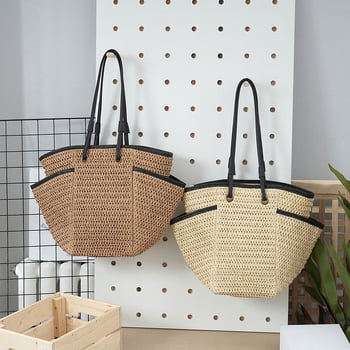 Geantă Tote din paie, în stil urban, cu închidere cu fermoar și căptușeală din poliester