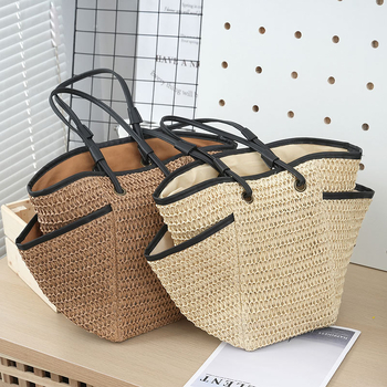 Απλή ψάθινη τσάντα Tote σε αστικό στυλ με φερμουάρ и επένδυση πολυεστέρα
