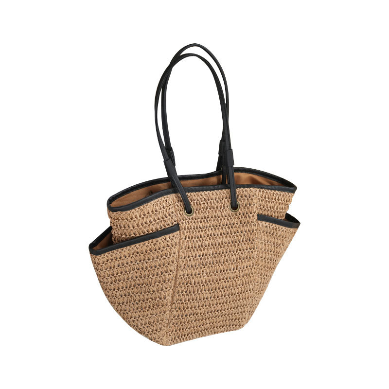 Geantă Tote din paie, în stil urban, cu închidere cu fermoar și căptușeală din poliester