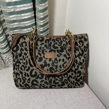 Női Leopard Mintás Tote Táska, Utcai Stílus, Pamut Test, Cipzár, Telefon- és ID Zsebek