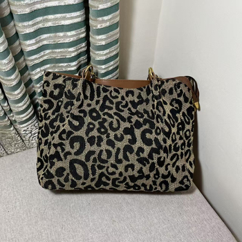 Női Leopard Mintás Tote Táska, Utcai Stílus, Pamut Test, Cipzár, Telefon- és ID Zsebek