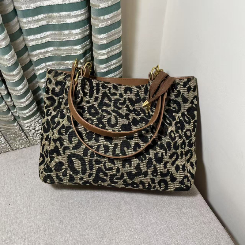 Női Leopard Mintás Tote Táska, Utcai Stílus, Pamut Test, Cipzár, Telefon- és ID Zsebek