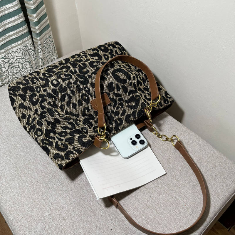Női Leopard Mintás Tote Táska, Utcai Stílus, Pamut Test, Cipzár, Telefon- és ID Zsebek