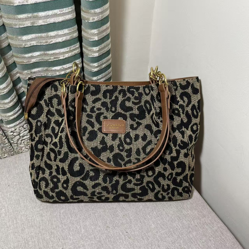 Női Leopard Mintás Tote Táska, Utcai Stílus, Pamut Test, Cipzár, Telefon- és ID Zsebek