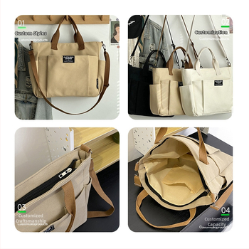 Tote rankinė iš storesnio audinio, didelė talpa, keli kišenės, vieno pečių/crossbody stilius, logotipas spausdintas termotransferu, Guangzhou kilmė