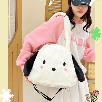 Τσάντα από γούνινο ύφασμα με σχέδιο σκύλου — στρογγυλό σχήμα, άνοιγμα με φερμουάρ, επένδυση πολυεστέρα, εσωτερική δομή με φερμουάρ