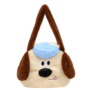 Τσάντα από γούνινο ύφασμα με σχέδιο σκύλου — στρογγυλό σχήμα, άνοιγμα με φερμουάρ, επένδυση πολυεστέρα, εσωτερική δομή με φερμουάρ