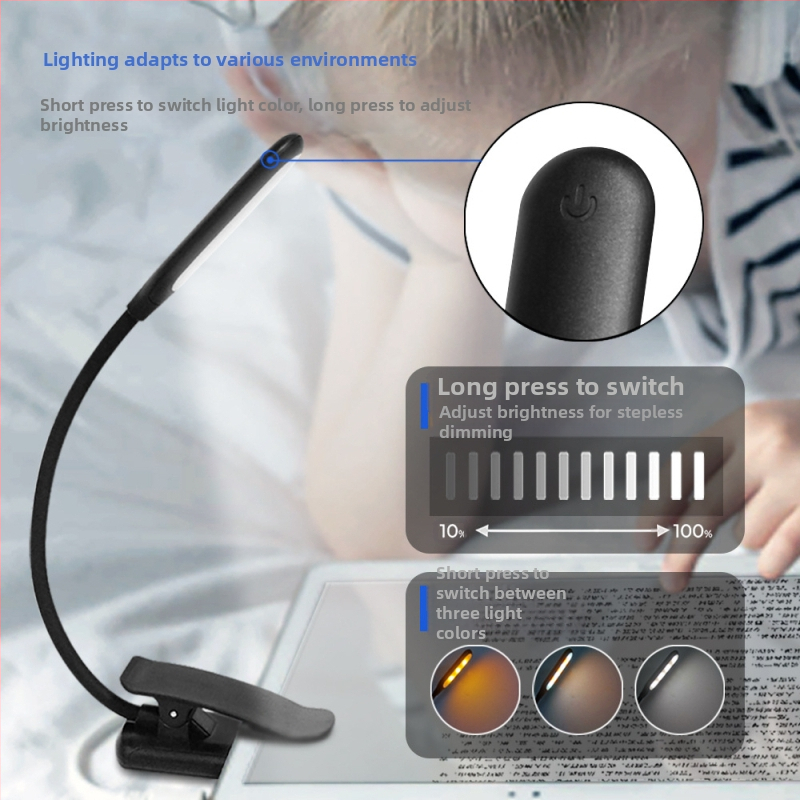 LED stolná lampa s klipom na čítanie — ochrana zraku, USB nabíjanie, dotykový vypínač, vstavaná 1000mAh batéria