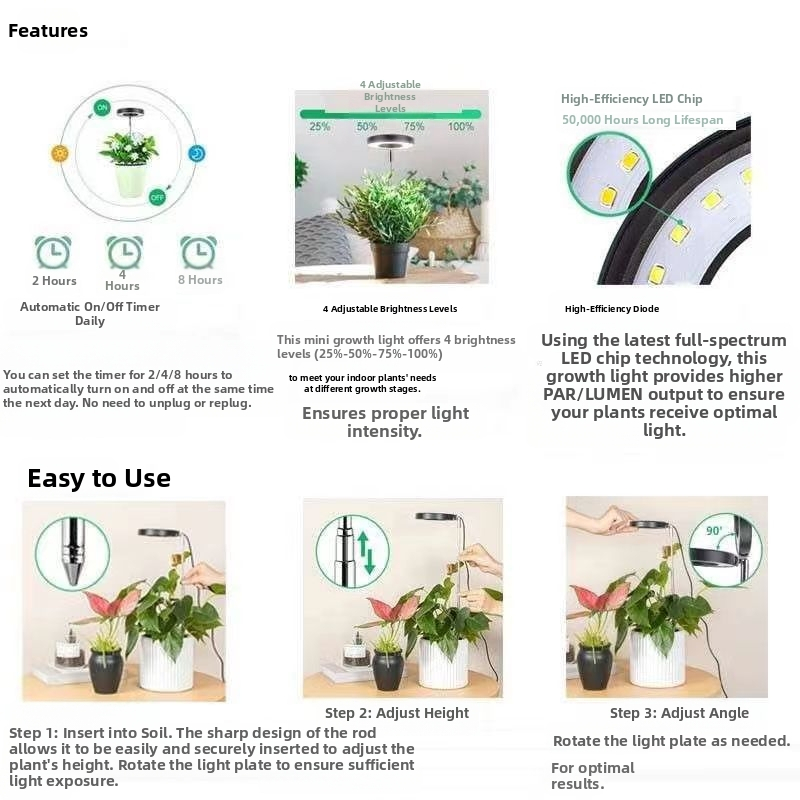 LED разтегателна лампа за растеж на растения с пълен спектър 3500K светлина, таймер, 20 светодиода, вход 5V, живот 20000 ч., модел CCB-231204