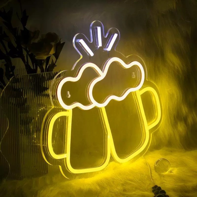 LED неонов знак с пивна халба и издялана акрилна задна плоча — стенен монтаж, 5V, за вътрешна употреба, статичен дисплей