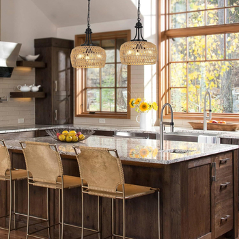 Полилей с ратанов абажур, модерен минималистичен стил, LED осветление, многоглавов, 110V