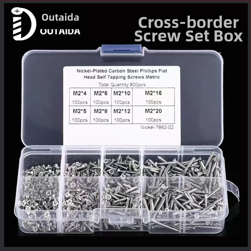 Outaida savęs srieginių varžtų rinkinys – 800 vnt., konuso formos galva, nikelio danga, anglies plienas Q235, GB846