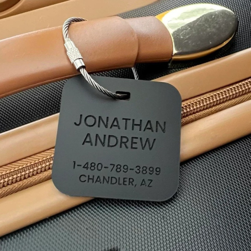 Pritaikyta bagažo etiketė, akrilinis graviravimas ir Inkjet spausdinimas