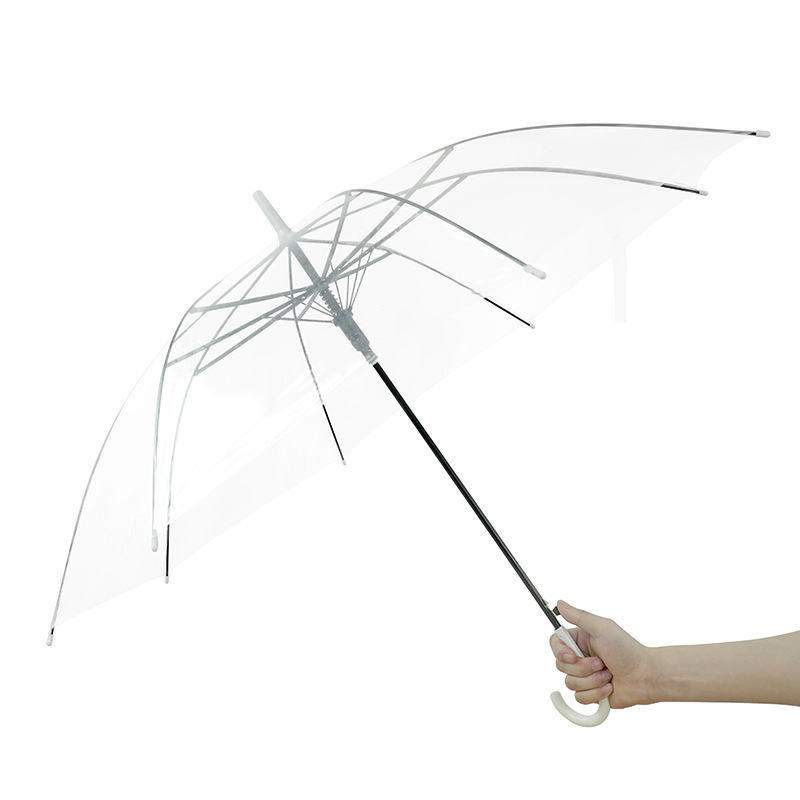 Skaidrus skėtis studentų bendrabčiui, šiuolaikiškas minimalistinis dizainas su ilga kotu, plastikinis gaubtas, 8 plieninės skėčių šakos, rankinis atidarymas, logotipo pritaikymas