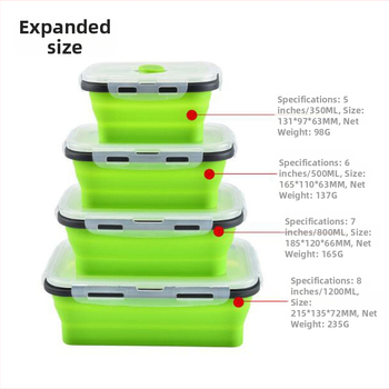 Kvadrātveida silikona saliekamā pusdienu kastīte, materiāls silikons un PP, mikroviļņu krāsns droša, tilpums 301-500ml / 501-800ml / 800-1000ml, uzglabāšanai un svaiguma saglabāšanai