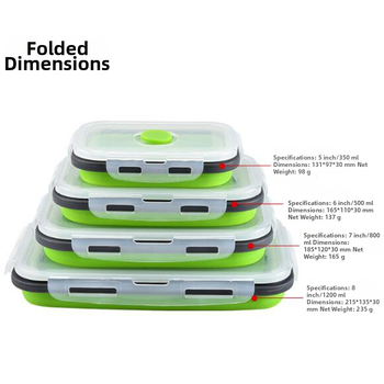 Kvadrātveida silikona saliekamā pusdienu kastīte, materiāls silikons un PP, mikroviļņu krāsns droša, tilpums 301-500ml / 501-800ml / 800-1000ml, uzglabāšanai un svaiguma saglabāšanai