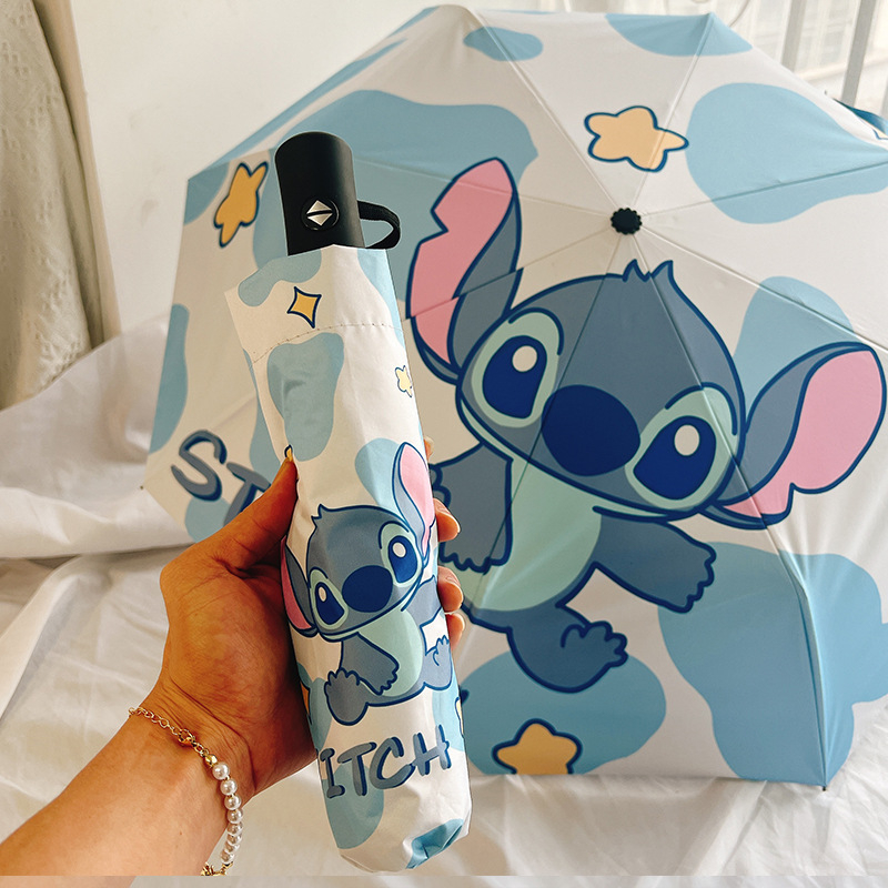 Automatinis trijų dalių skėtis su Anime Stitch dizainu, UV apsauga UPF50+, 8 skersiniai iš pluošto, 210T audinys