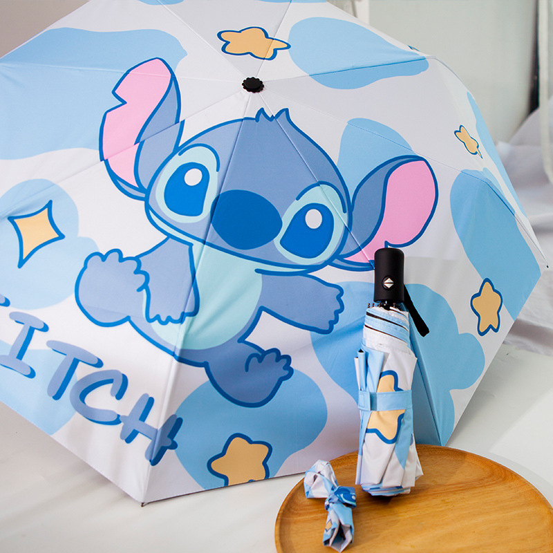 Automatinis trijų dalių skėtis su Anime Stitch dizainu, UV apsauga UPF50+, 8 skersiniai iš pluošto, 210T audinys