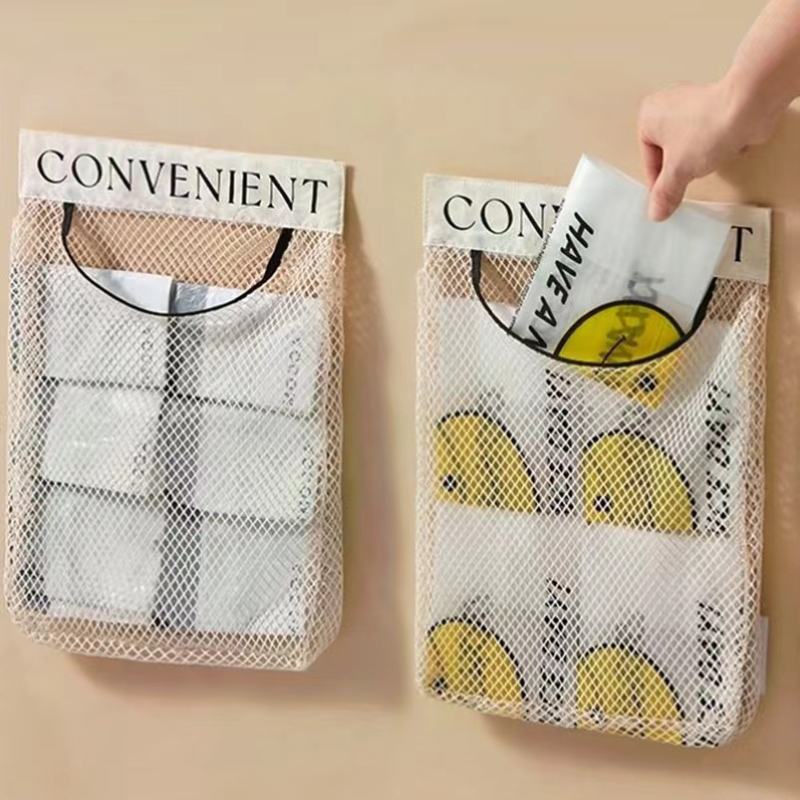 Kabantis saugyklos maišelis - elastinio tinklo medžiaga, multifunkcinis sieninis organizatorius kosmetikai, smulkmenoms ir saldumynams