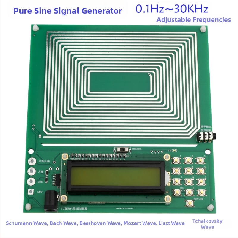 Schumann bangų generatorius su gryna sinusoidės signalu, dažnio moduliacija, dažnių diapazonas 0.01 Hz–300000 Hz