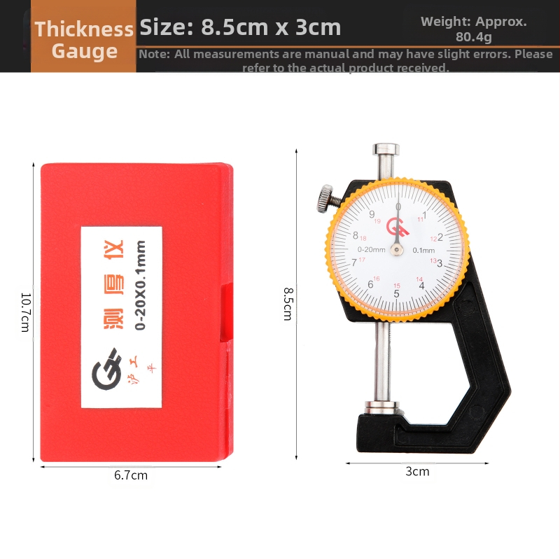 Biezuma mērītājs 0-20 mm, rādītāja tips ar izliektu uzgali, rokas instruments, papīra biezuma mērījums