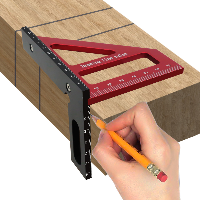 Αλουμινένιος τρίγωνος χάρακας με γωνίες 45°/90°, κλίμακα χάραξης, πολυλειτουργικό εργαλείο ξυλουργικής